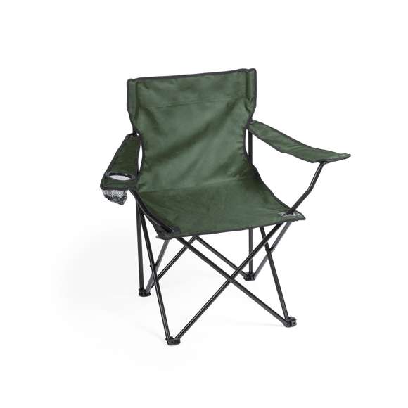 Silla plegable con resistente cuerpo de metal tubular. En resistente poliéster 600D en variada gama de vivos colores. Con costuras reforzadas, apoyabrazos y bolsillo de redecilla integrado para bebida. Con refuerzos de goma antideslizantes en las patas y presentada en funda individual con cordón auto cierre, accesorio de ajuste y cinta para hombro.