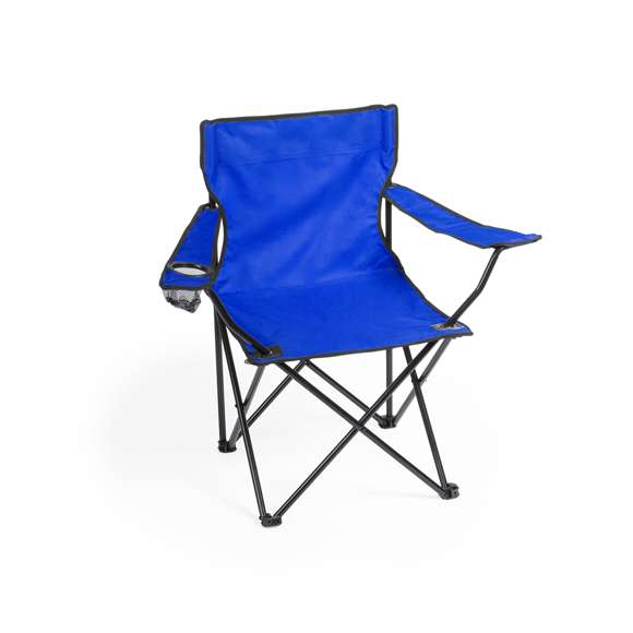 Silla plegable con resistente cuerpo de metal tubular. En resistente poliéster 600D en variada gama de vivos colores. Con costuras reforzadas, apoyabrazos y bolsillo de redecilla integrado para bebida. Con refuerzos de goma antideslizantes en las patas y presentada en funda individual con cordón auto cierre, accesorio de ajuste y cinta para hombro.