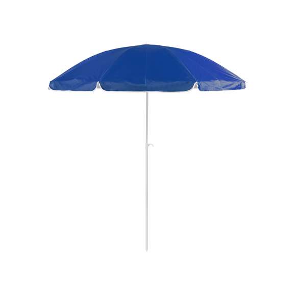 Sombrilla de playa de 8 paneles en resistente nylon. Interior en color gris plateado con protección UV, con tubo telescópico inclinable y ajustable en altura. 200cm de diámetro, con faldones laterales ribeteados, tubos metalizados en color blanco y disponible en una amplia gama de colores. Presentada en funda de nylon con cinta de transporte para hombro.