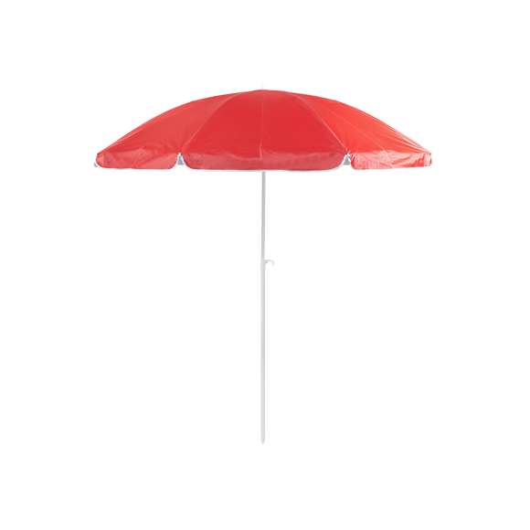 Sombrilla de playa de 8 paneles en resistente nylon. Interior en color gris plateado con protección UV, con tubo telescópico inclinable y ajustable en altura. 200cm de diámetro, con faldones laterales ribeteados, tubos metalizados en color blanco y disponible en una amplia gama de colores. Presentada en funda de nylon con cinta de transporte para hombro.