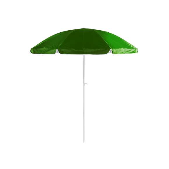 Sombrilla de playa de 8 paneles en resistente nylon. Interior en color gris plateado con protección UV, con tubo telescópico inclinable y ajustable en altura. 200cm de diámetro, con faldones laterales ribeteados, tubos metalizados en color blanco y disponible en una amplia gama de colores. Presentada en funda de nylon con cinta de transporte para hombro.