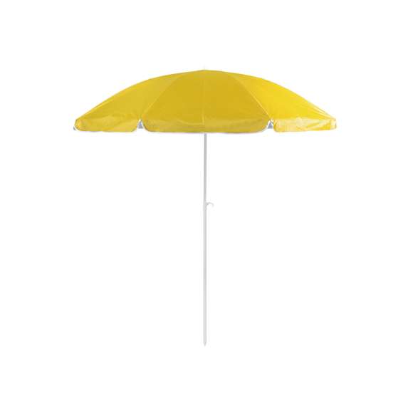Sombrilla de playa de 8 paneles en resistente nylon. Interior en color gris plateado con protección UV, con tubo telescópico inclinable y ajustable en altura. 200cm de diámetro, con faldones laterales ribeteados, tubos metalizados en color blanco y disponible en una amplia gama de colores. Presentada en funda de nylon con cinta de transporte para hombro.