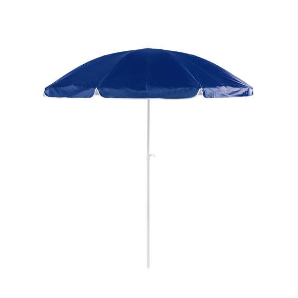 Sombrilla de playa de 8 paneles en resistente nylon. Interior en color gris plateado con protección UV, con tubo telescópico inclinable y ajustable en altura. 200cm de diámetro, con faldones laterales ribeteados, tubos metalizados en color blanco y disponible en una amplia gama de colores. Presentada en funda de nylon con cinta de transporte para hombro.