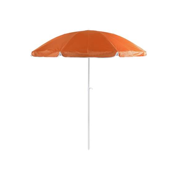 Sombrilla de playa de 8 paneles en resistente nylon. Interior en color gris plateado con protección UV, con tubo telescópico inclinable y ajustable en altura. 200cm de diámetro, con faldones laterales ribeteados, tubos metalizados en color blanco y disponible en una amplia gama de colores. Presentada en funda de nylon con cinta de transporte para hombro.