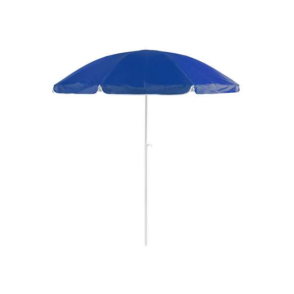 Sombrilla de playa de 8 paneles en resistente nylon. Interior en color gris plateado con protección UV, con tubo telescópico inclinable y ajustable en altura. 200cm de diámetro, con faldones laterales ribeteados, tubos metalizados en color blanco y disponible en una amplia gama de colores. Presentada en funda de nylon con cinta de transporte para hombro.