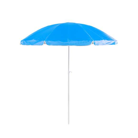 Sombrilla de playa de 8 paneles en resistente nylon. Interior en color gris plateado con protección UV, con tubo telescópico inclinable y ajustable en altura. 200cm de diámetro, con faldones laterales ribeteados, tubos metalizados en color blanco y disponible en una amplia gama de colores. Presentada en funda de nylon con cinta de transporte para hombro.