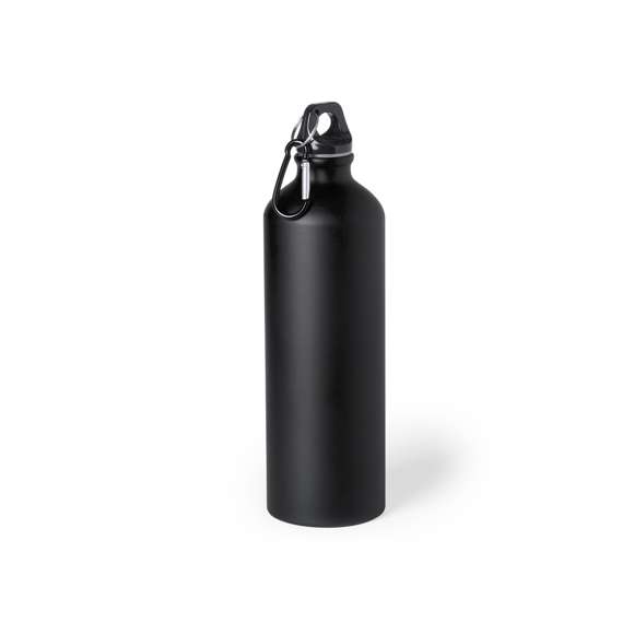 Bidón de aluminio con 800 ml de capacidad. Con tapón de seguridad a rosca y mosquetón metálico de fácil transporte. Original acabado mate y con una variada gama de colores. Presentado individualmente en una caja de diseño.