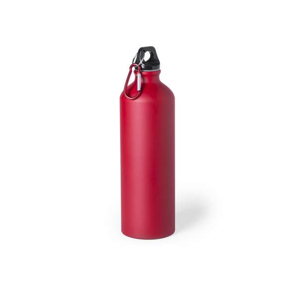 Bidón de aluminio con 800 ml de capacidad. Con tapón de seguridad a rosca y mosquetón metálico de fácil transporte. Original acabado mate y con una variada gama de colores. Presentado individualmente en una caja de diseño.