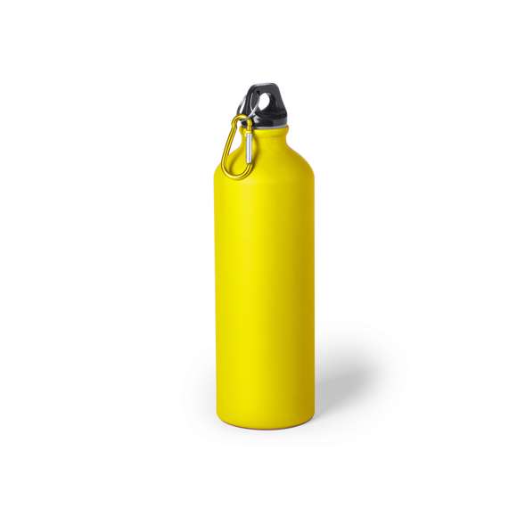 Bidón de aluminio con 800 ml de capacidad. Con tapón de seguridad a rosca y mosquetón metálico de fácil transporte. Original acabado mate y con una variada gama de colores. Presentado individualmente en una caja de diseño.
