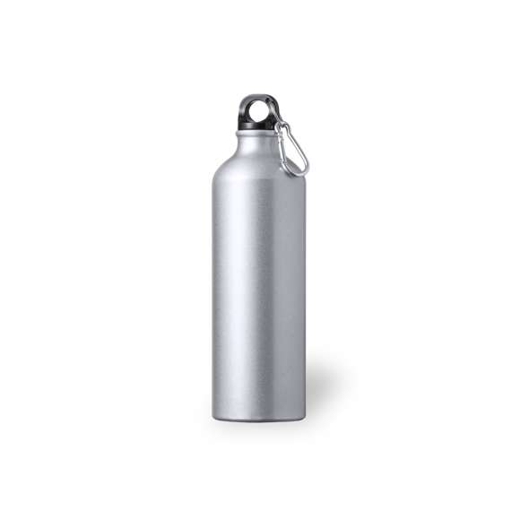 Bidón de aluminio con 800 ml de capacidad. Con tapón de seguridad a rosca y mosquetón metálico de fácil transporte. Original acabado mate y con una variada gama de colores. Presentado individualmente en una caja de diseño.