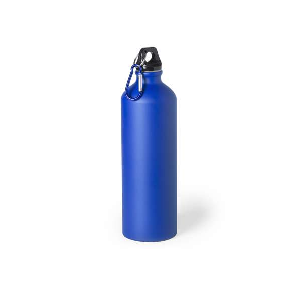 Bidón de aluminio con 800 ml de capacidad. Con tapón de seguridad a rosca y mosquetón metálico de fácil transporte. Original acabado mate y con una variada gama de colores. Presentado individualmente en una caja de diseño.
