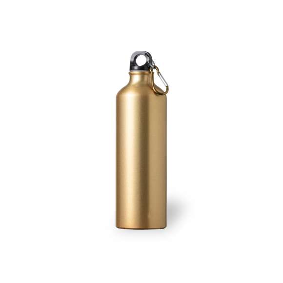 Bidón de aluminio con 800 ml de capacidad. Con tapón de seguridad a rosca y mosquetón metálico de fácil transporte. Original acabado mate y con una variada gama de colores. Presentado individualmente en una caja de diseño.