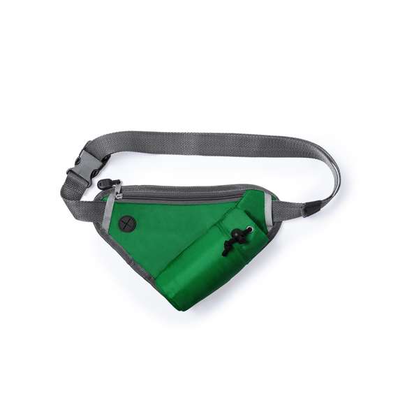  	Riñonera con diseño triangular en suave poliéster 210D de variados colores. Diseñada para actividades deportivas y de ocio. Con bolsillo de cierre de cremallera, salida de auriculares, bolsillo ajustable para bidón y cintura con cierre de clic ajustable. -Bidón no incluido-