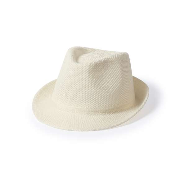 Sombrero de alta calidad en material sintético de sobrios colores con confortable cinta interior a juego.