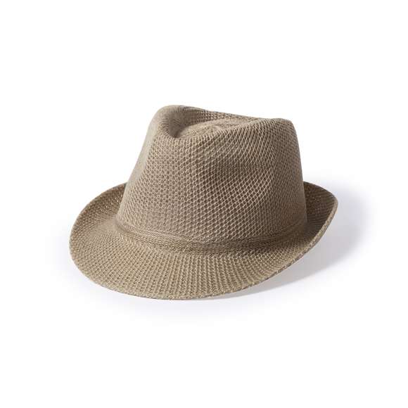 Sombrero de alta calidad en material sintético de sobrios colores con confortable cinta interior a juego.