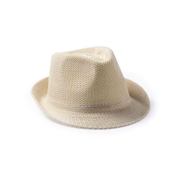 Sombrero de alta calidad en material sintético de sobrios colores con confortable cinta interior a juego.