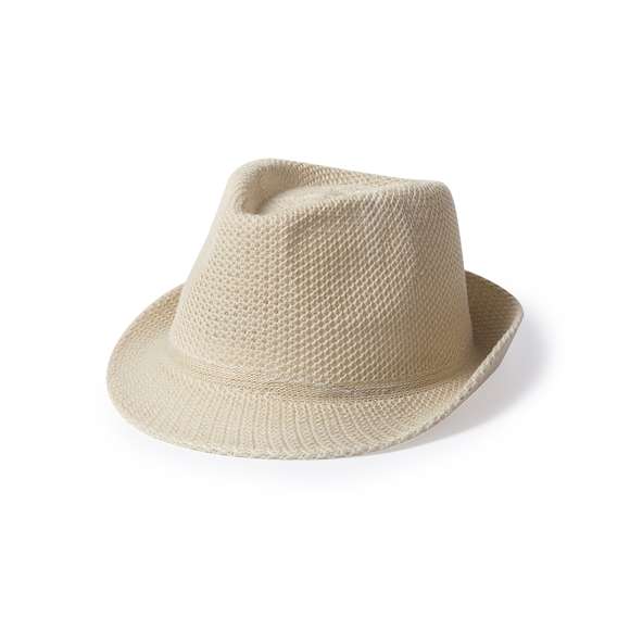 Sombrero de alta calidad en material sintético de sobrios colores con confortable cinta interior a juego.
