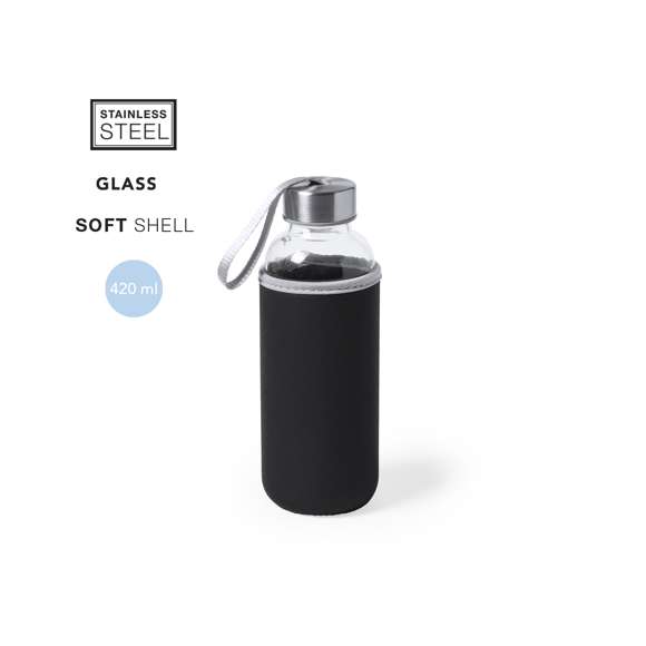 Bidón de cristal de 420 ml de capacidad. Con tapón de seguridad a rosca y practica cinta de transporte, cuenta con una elegante funda de neopreno en vivos colores. Presentado individualmente en una caja de diseño.