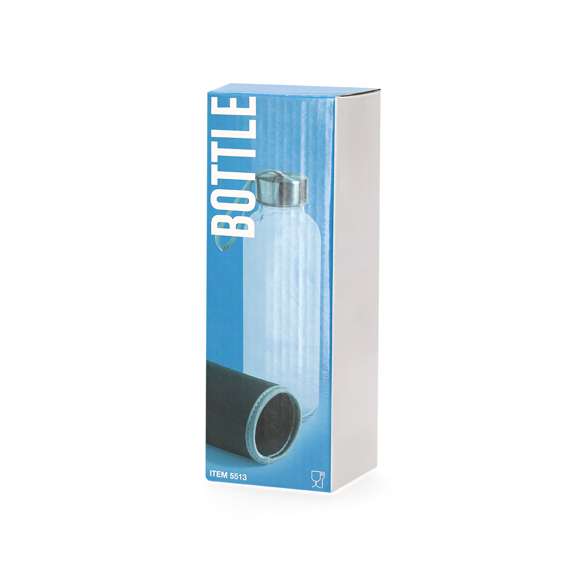 Bidón de cristal de 420 ml de capacidad. Con tapón de seguridad a rosca y practica cinta de transporte, cuenta con una elegante funda de neopreno en vivos colores. Presentado individualmente en una caja de diseño.