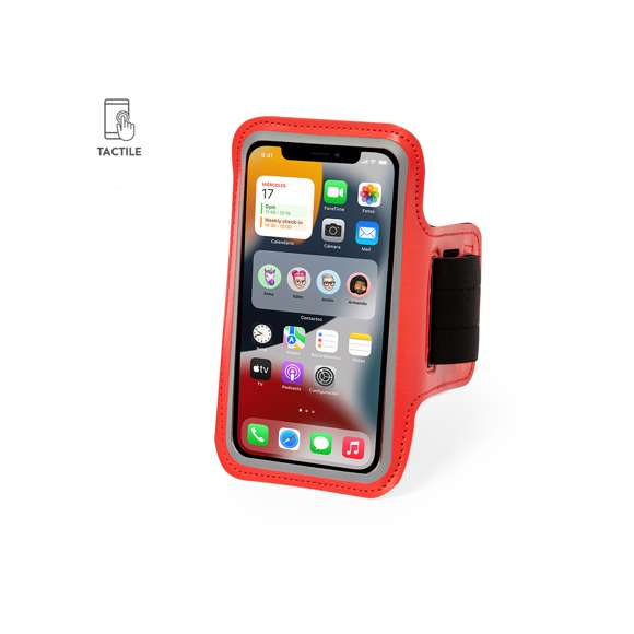 Brazalete deportivo táctil, diseñado para dispositivos con pantalla de hasta 6 pulgadas. Frontal reflectante, con tira de cierre elástica y ajustable, y bolsillo para llaves. Disponible en variada gama de colores.