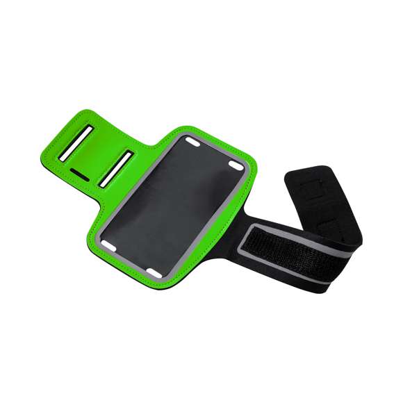 Brazalete deportivo táctil, diseñado para dispositivos con pantalla de hasta 6 pulgadas. Frontal reflectante, con tira de cierre elástica y ajustable, y bolsillo para llaves. Disponible en variada gama de colores.