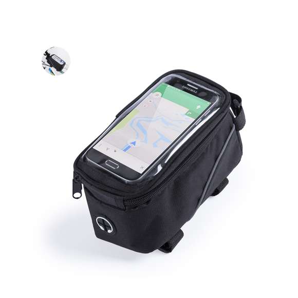 Bolsa multiusos para bicicleta en resistente poliéster 600D con acolchado y frontal de PVC con función táctil. Con salida de auriculares, cierre de cremallera e interior forrado con compartimento para smartphone. Cierre triple de velcro para acople en barra y manillar.