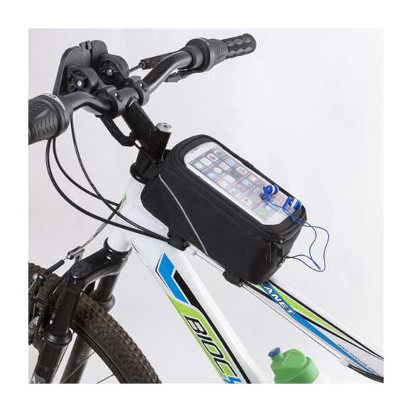 Bolsa multiusos para bicicleta en resistente poliéster 600D con acolchado y frontal de PVC con función táctil. Con salida de auriculares, cierre de cremallera e interior forrado con compartimento para smartphone. Cierre triple de velcro para acople en barra y manillar.