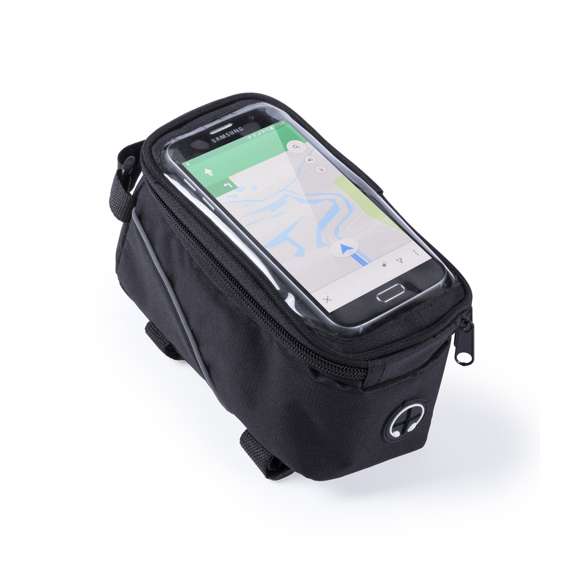 Bolsa multiusos para bicicleta en resistente poliéster 600D con acolchado y frontal de PVC con función táctil. Con salida de auriculares, cierre de cremallera e interior forrado con compartimento para smartphone. Cierre triple de velcro para acople en barra y manillar.