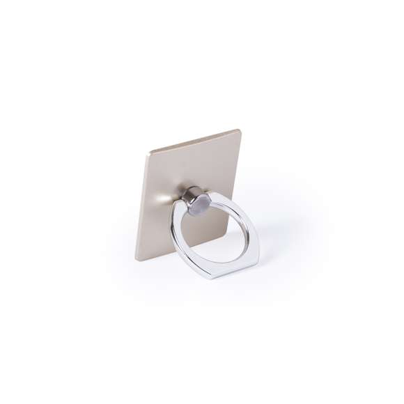 Soporte adhesivo para smartphone de diseño minimalista y elegante acabado en plateado y dorado. Con anilla posterior telescópica para dedo con función doble de soporte y accesorio para selfies.