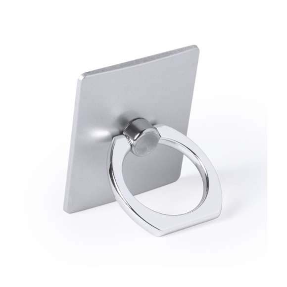 Soporte adhesivo para smartphone de diseño minimalista y elegante acabado en plateado y dorado. Con anilla posterior telescópica para dedo con función doble de soporte y accesorio para selfies.
