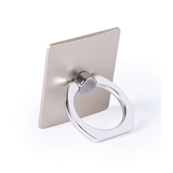 Soporte adhesivo para smartphone de diseño minimalista y elegante acabado en plateado y dorado. Con anilla posterior telescópica para dedo con función doble de soporte y accesorio para selfies.