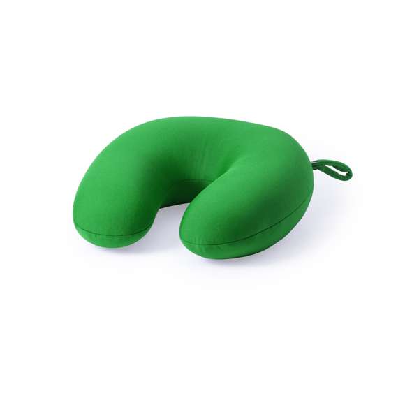 Almohadilla para cuello con cuerpo de suave acabado en poliéster en amplia gama de vivos colores. Con relleno de bolitas y cinta de transporte.