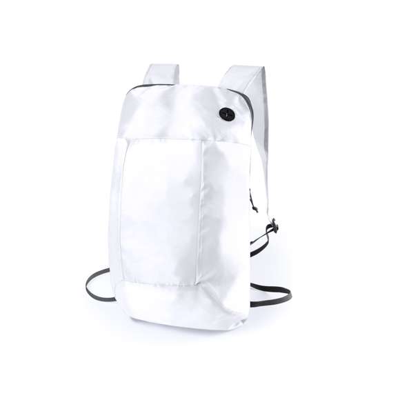 Mochila plegable en suave poliéster 210D de alegres colores, con cierre de cremallera y salida de auriculares. Con esquinas reforzadas, cintas de hombro regulables y accesorios en color negro. Plegado de pequeño tamaño.