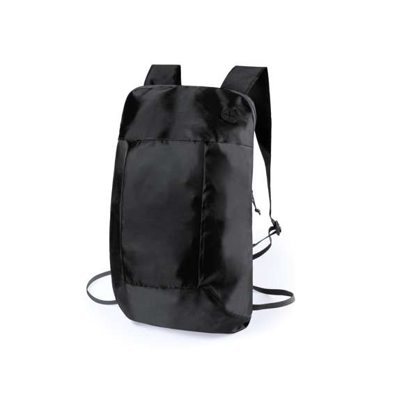 Mochila plegable en suave poliéster 210D de alegres colores, con cierre de cremallera y salida de auriculares. Con esquinas reforzadas, cintas de hombro regulables y accesorios en color negro. Plegado de pequeño tamaño.