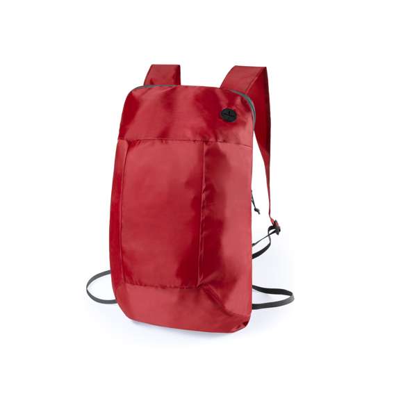 Mochila plegable en suave poliéster 210D de alegres colores, con cierre de cremallera y salida de auriculares. Con esquinas reforzadas, cintas de hombro regulables y accesorios en color negro. Plegado de pequeño tamaño.