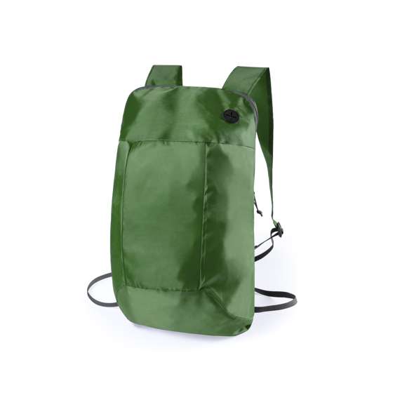 Mochila plegable en suave poliéster 210D de alegres colores, con cierre de cremallera y salida de auriculares. Con esquinas reforzadas, cintas de hombro regulables y accesorios en color negro. Plegado de pequeño tamaño.