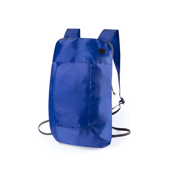 Mochila plegable en suave poliéster 210D de alegres colores, con cierre de cremallera y salida de auriculares. Con esquinas reforzadas, cintas de hombro regulables y accesorios en color negro. Plegado de pequeño tamaño.