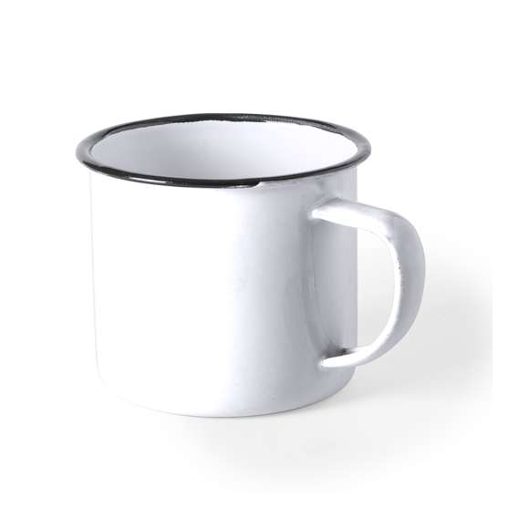 Taza metálica de 380ml de capacidad con diseño vintage y acabado con imperfecciones para mayor sensación retro. En combinación de exterior en variada gama de colores e interior en color blanco con borde negro. Presentada en caja individual.