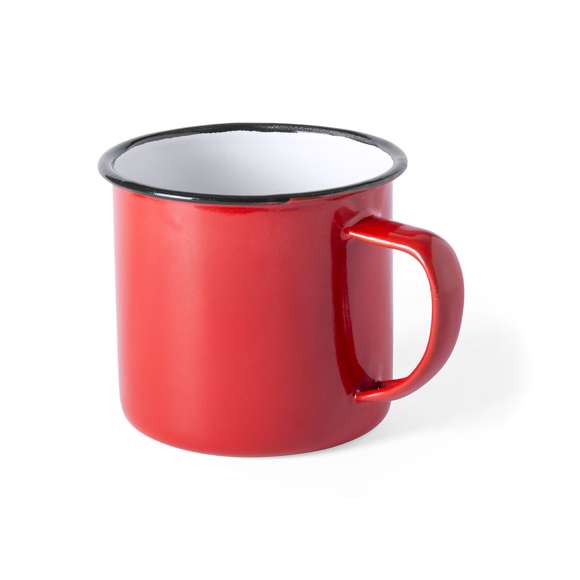 Taza metálica de 380ml de capacidad con diseño vintage y acabado con imperfecciones para mayor sensación retro. En combinación de exterior en variada gama de colores e interior en color blanco con borde negro. Presentada en caja individual.