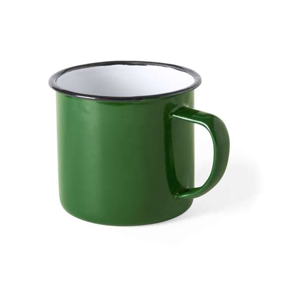 Taza metálica de 380ml de capacidad con diseño vintage y acabado con imperfecciones para mayor sensación retro. En combinación de exterior en variada gama de colores e interior en color blanco con borde negro. Presentada en caja individual.