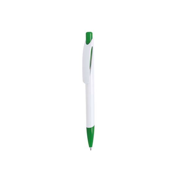  	Bolígrafo de mecanismo pulsador de atrevido diseño bicolor con accesorios en vivos colores sólidos y cuerpo de suave acabado en color blanco sólido. Con original clip curvado a y punta a juego. Tinta azul.