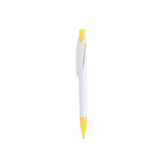  	Bolígrafo de mecanismo pulsador de atrevido diseño bicolor con accesorios en vivos colores sólidos y cuerpo de suave acabado en color blanco sólido. Con original clip curvado a y punta a juego. Tinta azul.