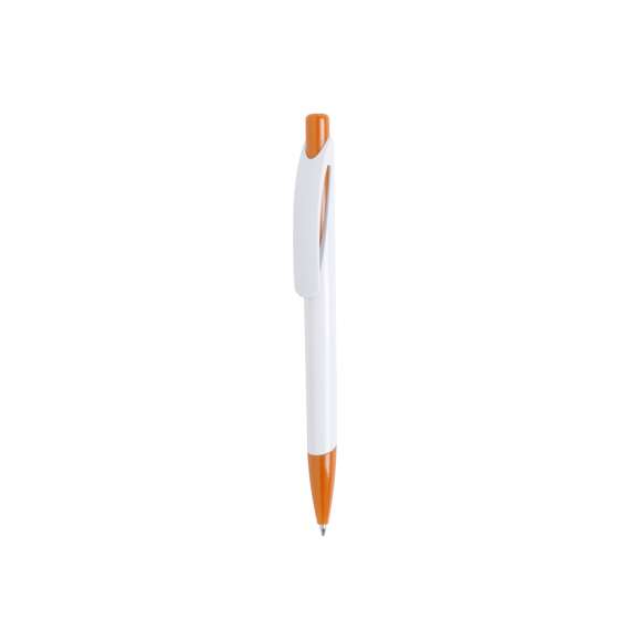 	Bolígrafo de mecanismo pulsador de atrevido diseño bicolor con accesorios en vivos colores sólidos y cuerpo de suave acabado en color blanco sólido. Con original clip curvado a y punta a juego. Tinta azul.
