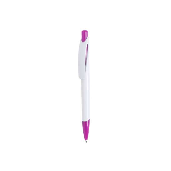  	Bolígrafo de mecanismo pulsador de atrevido diseño bicolor con accesorios en vivos colores sólidos y cuerpo de suave acabado en color blanco sólido. Con original clip curvado a y punta a juego. Tinta azul.