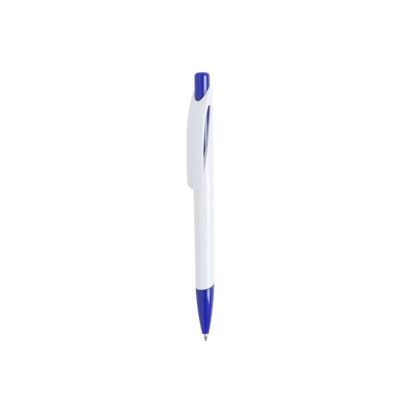  	Bolígrafo de mecanismo pulsador de atrevido diseño bicolor con accesorios en vivos colores sólidos y cuerpo de suave acabado en color blanco sólido. Con original clip curvado a y punta a juego. Tinta azul.