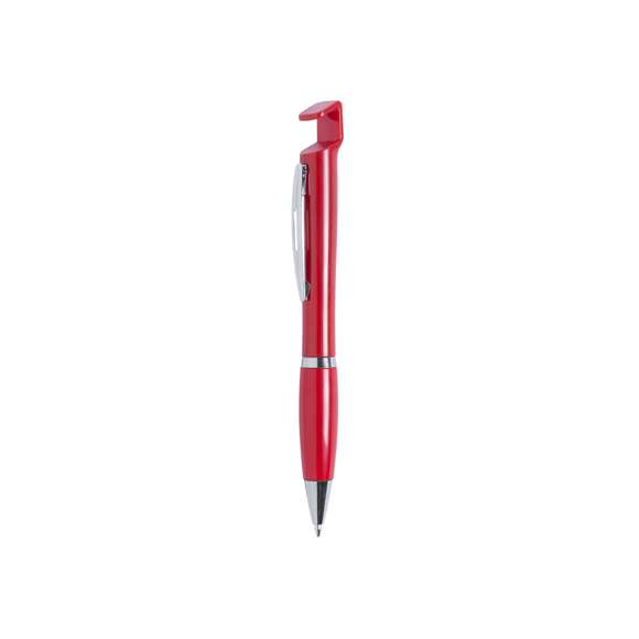  	Bolígrafo con soporte para dispositivo móvil. De mecanismo pulsador y atrevido diseño bicolor con accesorios en color plateado y cuerpo de suave acabado en divertidos colores sólidos. Con original clip metálico troquelado a juego y cómoda empuñadura. Tinta azul.