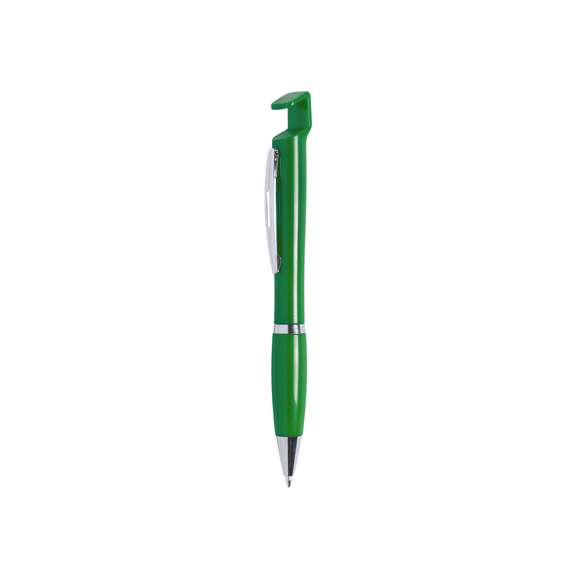  	Bolígrafo con soporte para dispositivo móvil. De mecanismo pulsador y atrevido diseño bicolor con accesorios en color plateado y cuerpo de suave acabado en divertidos colores sólidos. Con original clip metálico troquelado a juego y cómoda empuñadura. Tinta azul.