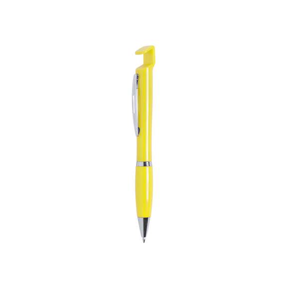  	Bolígrafo con soporte para dispositivo móvil. De mecanismo pulsador y atrevido diseño bicolor con accesorios en color plateado y cuerpo de suave acabado en divertidos colores sólidos. Con original clip metálico troquelado a juego y cómoda empuñadura. Tinta azul.