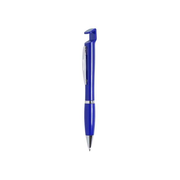  	Bolígrafo con soporte para dispositivo móvil. De mecanismo pulsador y atrevido diseño bicolor con accesorios en color plateado y cuerpo de suave acabado en divertidos colores sólidos. Con original clip metálico troquelado a juego y cómoda empuñadura. Tinta azul.