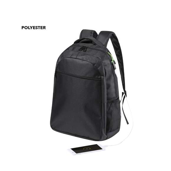 Mochila de resistente poliéster 600D en elegante acabado impermeable de color negro y salida para auriculares. Con compartimento interior con salida USB para conexión de powerbank -no incluido-. Interior con compartimento acolchado para ordenador portátil de hasta 15 pulgadas y tablets de hasta 10 pulgadas. Multitud de bolsillos interiores y exteriores. Cintas de hombros y espalda con acolchado ergonómico.